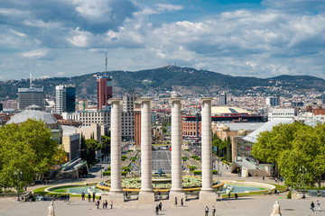 BARCELONA, SPAIN - April, 2019: The Four Columns, created by Josep Puig i Cadafalch, is on the place in front of Museu Nacional d'Art de Catalunya, Barcelona, Spain.