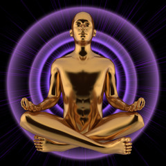 3d illustration of man figure lotus pose stylized golden on purple flash