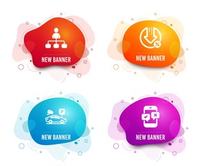 Liquid badges. Set of Management, Parking security and Loan percent icons. Phone survey sign. Agent, Video camera, Decrease rate. Mobile quiz test.  Gradient management icon. Flyer fluid design