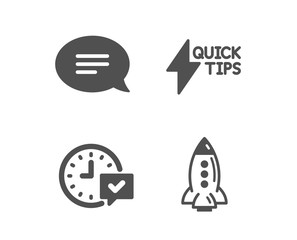 Set of Quickstart guide, Select alarm and Chat icons. Rocket sign. Lightning symbol, Time symbol, Speech bubble. Spaceship.  Classic design quickstart guide icon. Flat design. Vector