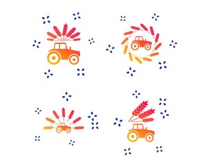 Tractor icons. Wreath of Wheat corn signs. Agricultural industry transport symbols. Random dynamic shapes. Gradient tractor icon. Vector