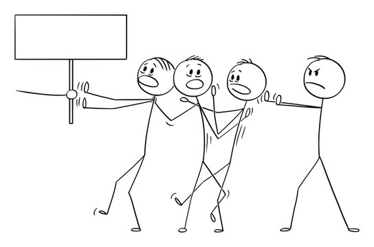 Vector cartoon stick figure drawing conceptual illustration of man or businessman or manager forcing rest of the team to do something or go somewhere. Hand with empty sign.