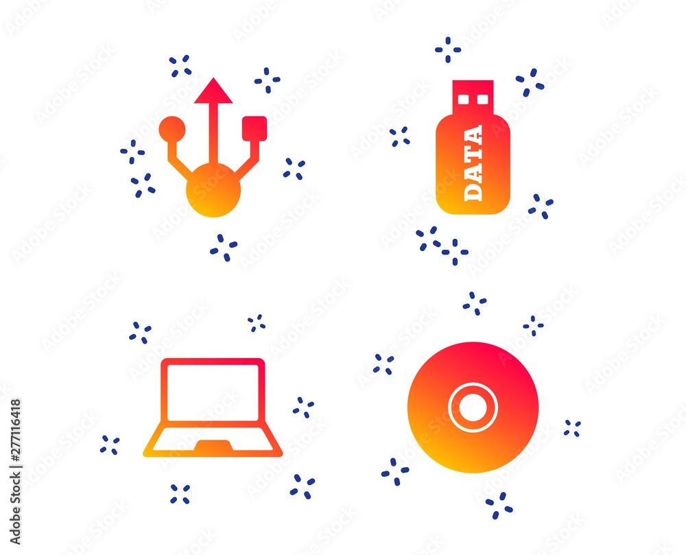 Poster usb flash drive icons. notebook or laptop pc symbols. cd or dvd sign. compact disc. random dynamic s
