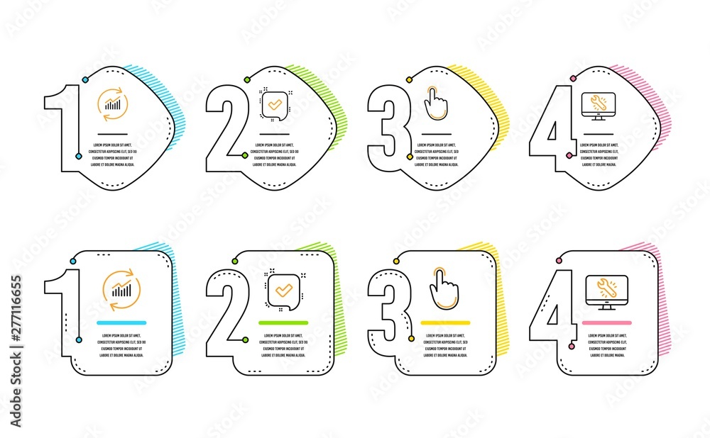 Poster hand click, update data and confirmed icons simple set. monitor repair sign. location pointer, sales