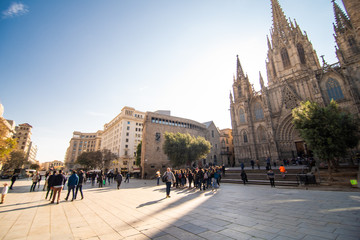 Naklejka premium Barcelona, Spain - April, 2019: Barcelona Cathedral, located in Gothic Quarter in rainy morning