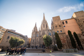 Barcelona, Spain - April, 2019: Barcelona Cathedral, located in Gothic Quarter in rainy morning