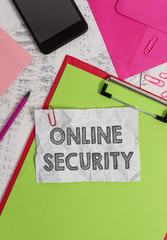 Conceptual hand writing showing Online Security. Concept meaning rules to protect against attacks...