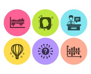 Head, Air balloon and Exhibitors icons simple set. Question mark, Column diagram and Diagram chart signs. Profile messages, Sky travelling. Science set. Flat head icon. Circle button. Vector