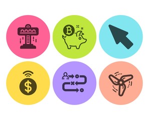 Journey path, Bitcoin coin and Contactless payment icons simple set. Mouse cursor, Attraction and Wind energy signs. Project process, Piggy bank. Technology set. Flat journey path icon. Circle button