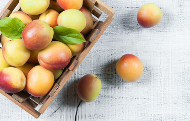 Fresh whole Ripe apricot fruits with a leaf  in wooden basket on white rustic table. Apricots healthy fruit background