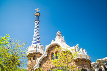 BARCELONA,SPAIN - APRIL 2019: View of park Guell by Antonio Gaudi in Barcelona