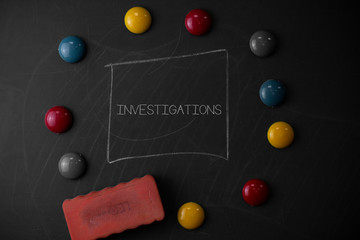 Text sign showing Investigations. Business photo text The formal action or systematic examination about something Round Flat shape stones with one eraser stick to old chalk black board