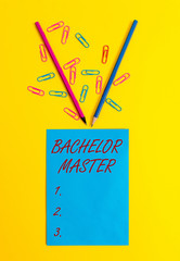 Word writing text Bachelor Master. Business photo showcasing An advanced degree completed after...
