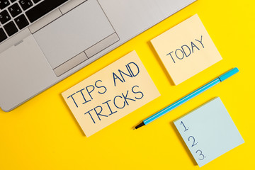 Conceptual hand writing showing Tips And Tricks. Concept meaning piece of inside facts specially in...