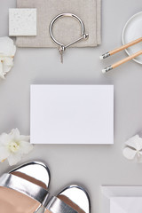 modern minimalistic flatlay paper mockup business feminine wedding romantic modern light grey work situation white flower light grey paper wedding business feminine female