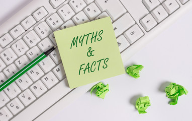 Word writing text Myths And Facts. Business photo showcasing usually traditional story of...