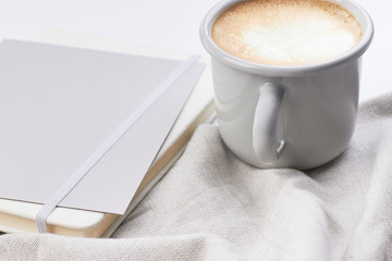 light grey mug with coffe light grey work feminine workspace minimalistic