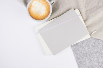 light grey mug with coffe light grey work feminine workspace minimalistic
