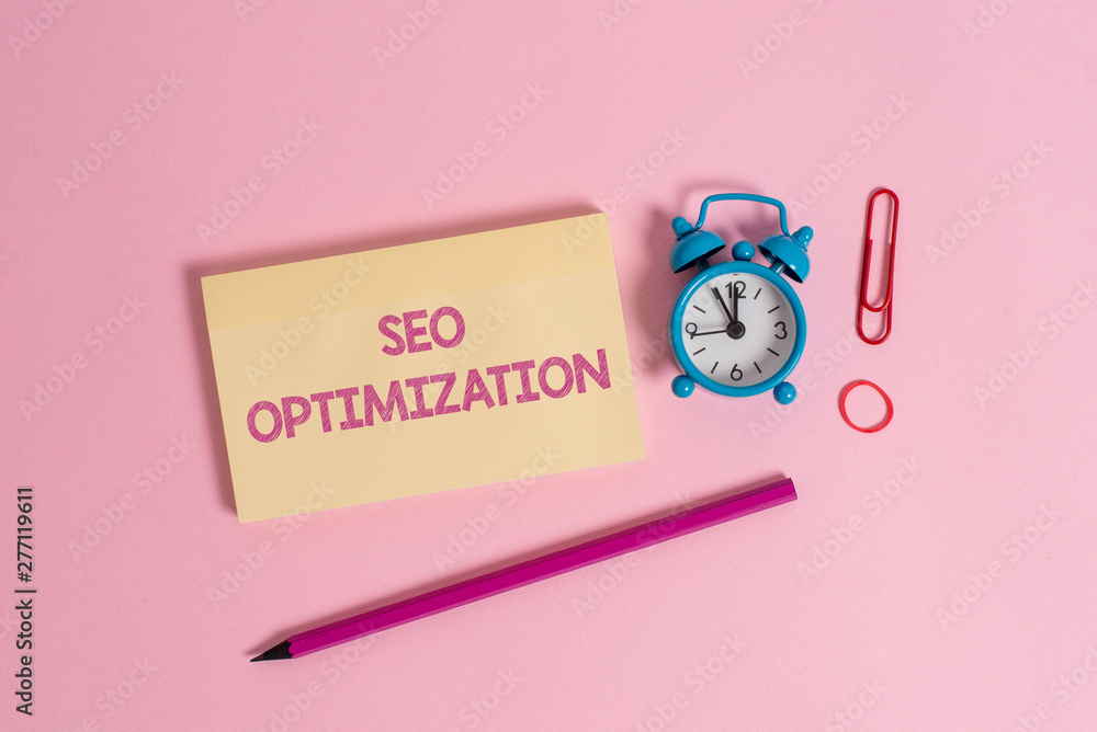 Poster word writing text seo optimization. business photo showcasing process of affecting online visibility