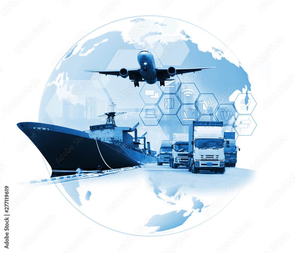 Wall mural the world logistics , there are world map with logistic network distribution on background and logis