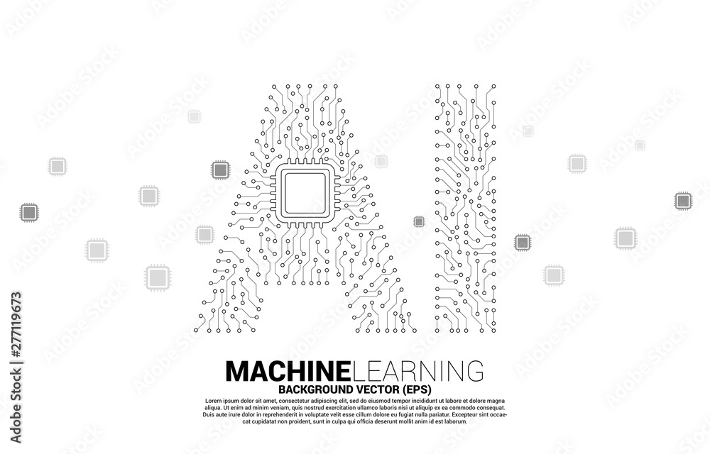 Poster AI from circuit line graphic with CPU. concept of machine learning and Artificial Intelligence technology