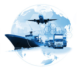 The world logistics , there are world map with logistic network distribution on background and...
