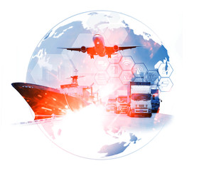 The world logistics , there are world map with logistic network distribution on background and...