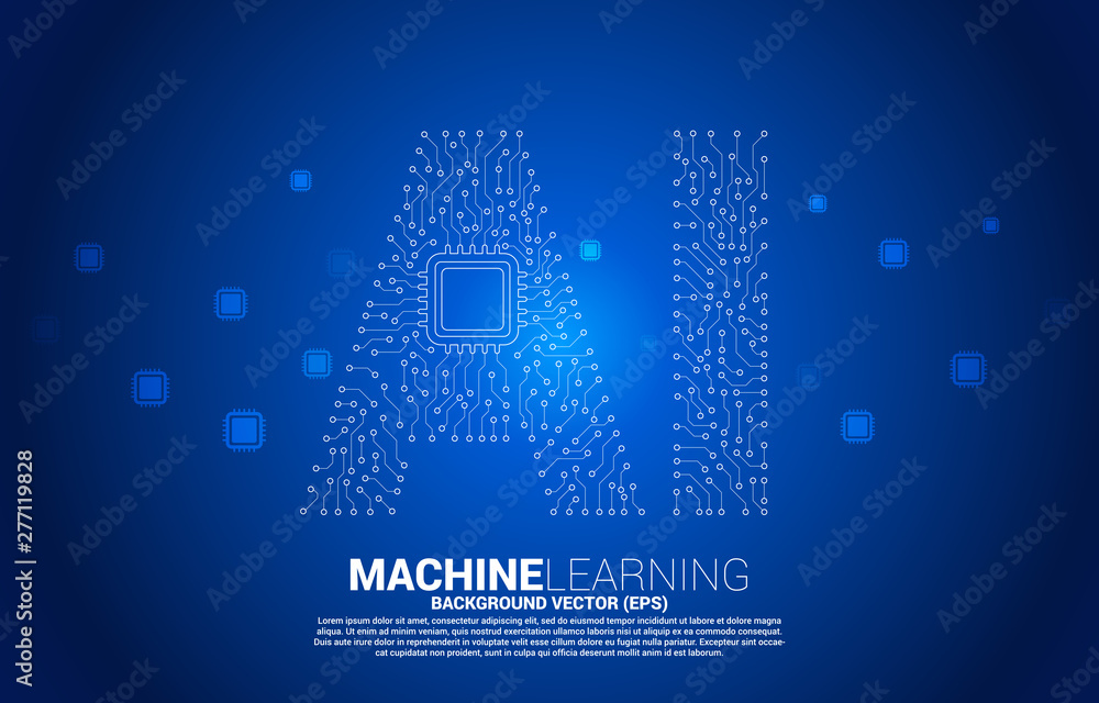 Poster AI from circuit line graphic with CPU. concept of machine learning and Artificial Intelligence technology