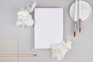 flatlay paper minimalistic white hydrangea light grey