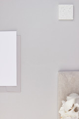 minimalistic flatlay white paper sheet invitation modern wedding light grey feminine female work business