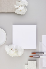 flatlay white paper sheet invitation modern minimalistic wedding light grey feminine female work business jewerly