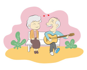 Lovely old couple sing a song together. vector illustration isolated cartoon hand drawn background landscape