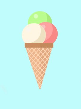 Delicious colorful ice cream in waffle cone isolated on blue background. Illustration for web design or print