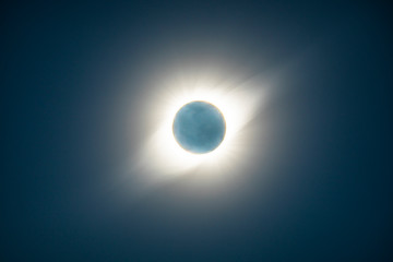 Obraz premium The Solar Corona atmosphere layer during Total Solar Eclipse Chile 2019, amazing view of the Sun covered by the Moon during totality phase while the Moon covers the entire Sun an awesome phenomenom