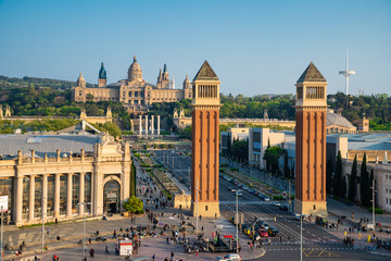 Fototapeta premium BARCELONA - April. 2019: Aerial view of the Placa d'Espanya, also known as Plaza de Espana, one of Barcelona's most important squares, in Barcelona, Spain.