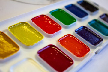 Multicolored watercolor paint in white box