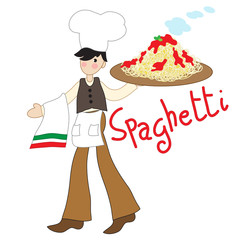 A young Italian chef brings to the table a large plate of spaghetti