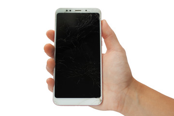white broken   phone in male hand on white background. battered, screen sensor  isolate