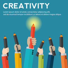 Hands holding pencils with creative work standing out vector concept
