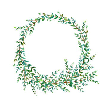 Floral wreath.Garland with eucalyptus branches.Watercolor hand drawn illustration.It can be used for greeting cards, posters, wedding cards.White background.