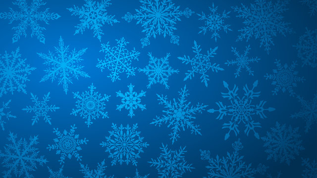 Christmas background with various complex big and small snowflakes in blue colors