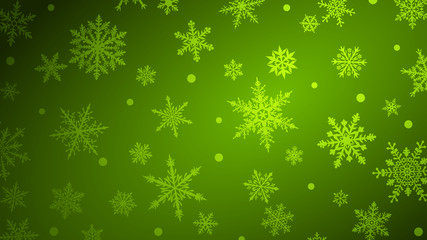 Christmas background with various complex big and small snowflakes in green colors