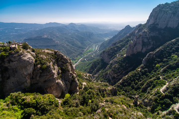 Aerial view on Santa Maria de Montserrat Abbey in Montserrat mountains, Spain