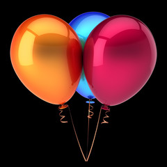 3d illustration of three colorful balloons bunch blue red orange