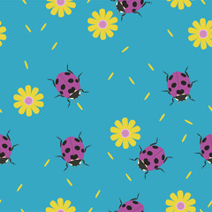 Seamless pattern with ladybugs and flowers. Vector graphics.