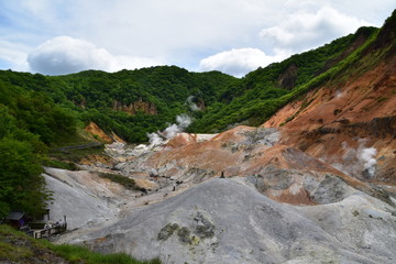 Fototapeta na wymiar Volcano crater with forest in Noboribetsu, Japan