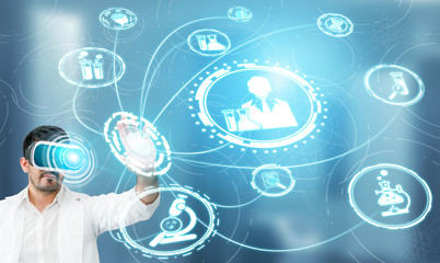 Medical Healthcare Research and Development Concept. Doctor in hospital lab with science health research icon show symbol of medical care technology innovation, medicine discovery and healthcare data.