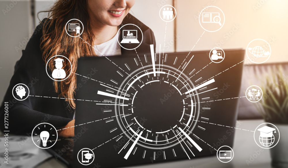 Poster e-learning and online education for student and university concept. graphic interface showing techno