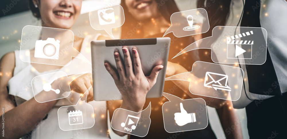 Aufkleber multimedia and computer applications concept. business people using technology of digital gadget wit