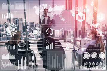 Big Data Technology for Business Finance Analytic Concept. Modern graphic interface shows massive...